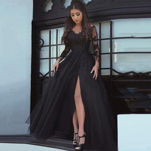 Amazing Black Prom Dresses Long Sheer Tulle Dress Sexy Split Side Backless Appliques Dresses Evening Women Party Gowns