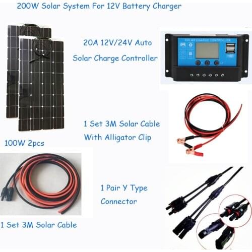 China manufacturer 100W 200W Flexible Solar Panel 10A/20A Solar Controller 3M solar cable 12V 24V Solar Battery charger