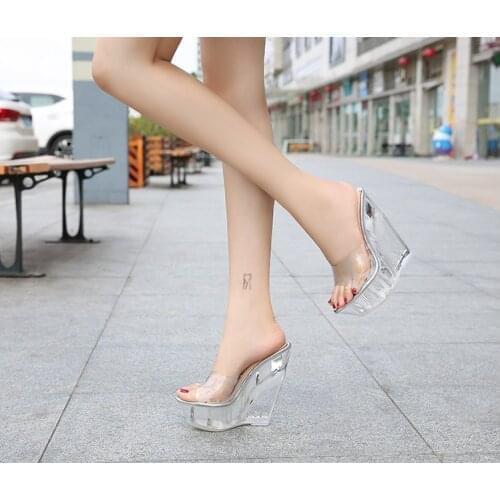 High Quality Leisure Women Shoes Slippers Summer Transparent Crystal Model Catwalk Wedding Shoes High-heeled 14cm Wedges Shoes