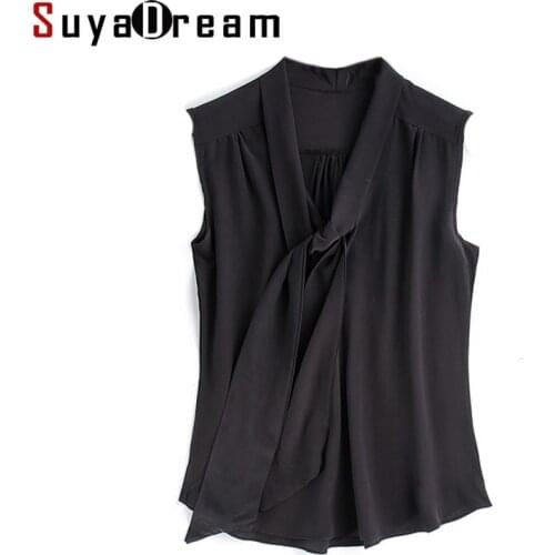 Women SILK SHIRT 100%Natural silk Bow Collar Sleeveless casual Shirt 2018 Fall Winter New Office Lady Top shirt Red Black Navy