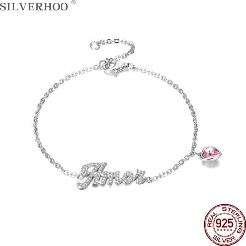 SILVERHOO 925 Sterling Silver Bracelet Women Pink Heart-shape Luxury Austria Crystal Bracelet Girl Festival Gift Fine Jewelry