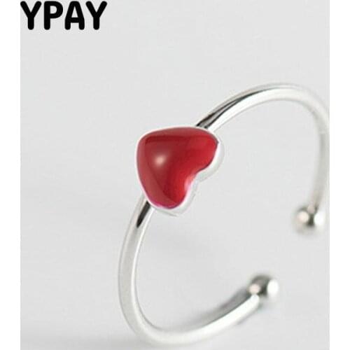 YPAY Romantic 925 Sterling Silver Red Heart Finger Rings for Women Open Ring Wedding Engagement Jewelry Christmas Gifts YMR486