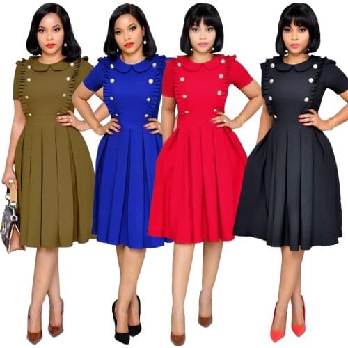 Female Summer Fashion Ruffle Collar Pleated Dress Women Pure Color Professional Work Dress