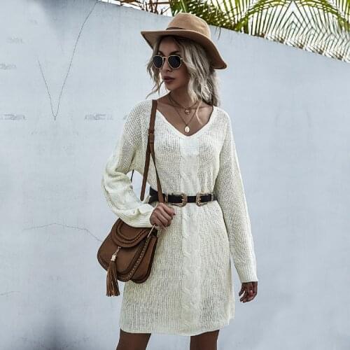 2020 Autumn Fashion Loose Women Twist Sweater Dress V-Neck Long Sleeve Pullover Female Thin Knitted Dress Belt Vestidos