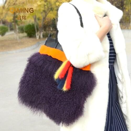 100% Real Beach Wool Fur Bag Genuine Leather Women Autumn Winter Plush Purses Handbags Female Shoulder Bag Wallet Woman Handbag
