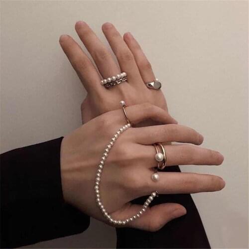 FFLACELL Korean Exquisite Simple Multi-layer Metal Chain Pearl Opening Ring Adjustable for Women Girl Party Jewlery