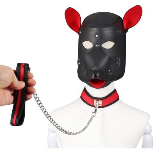 Leather restraints BDSM bondage hood slave collar with leash chain adult games cosplay sex toys for couples erotic tools