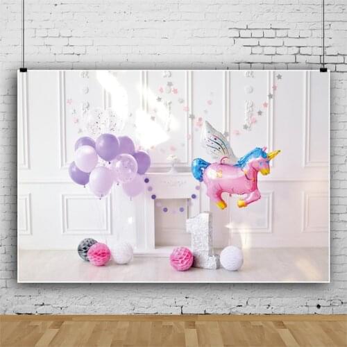 Laeacco Pink Unicorn Balloons 1st Birthday Party White Chic Wall Fireplace Party Baby Portrait Photo Background Photo Backdrops