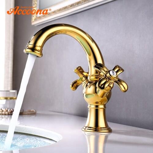 Accoona Golden Basin Faucet Brass Bathroom Classic Tap Sanitary Ware Dual Flower Handle Deck Mounted Basin Faucets A96106W