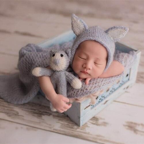Knitted Baby toy and Hat Set Gray Mohair Hat Props Crochet Baby girl Bonnet Cute Kitty Toy Newborn Animal Bonnet Photo Props