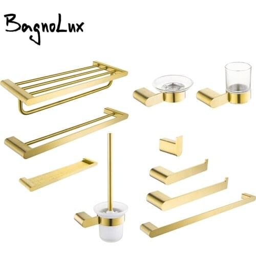 Brushed Gold Stainless Steel Wall Mounted Hand Towel Bar Toilet Paper Holder Robe Towel Hooks Bathroom Accessories Set Kit