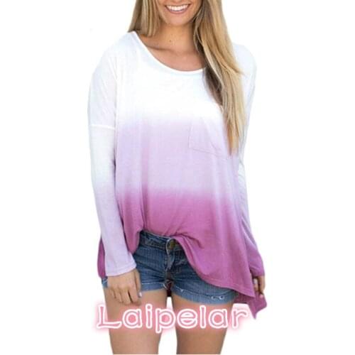 Laipelar New Spring T-Shirt Casual Loose Long Sleeve O Neck Gradient Color Tee Shirt Irregular Blusas Tops Plus Size 5XL
