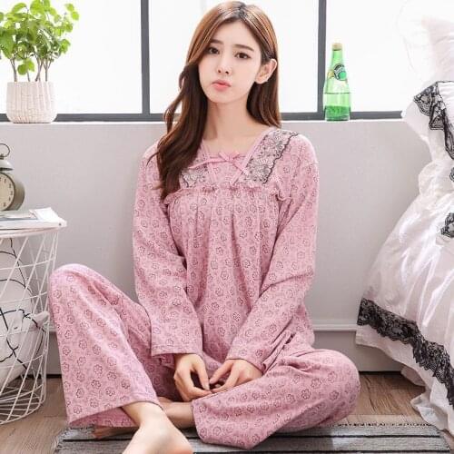 100% Cotton Women Pajamas Set Full Sleeve Long Pants 2Piece/Set Winter Homewear Mom Sweet Lace Casual Sleepwear