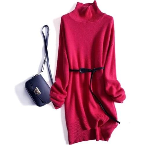 Thick high-neck knitted dress high-necked womens autumn and winter new style Korean mid-length base sweater dress with belt