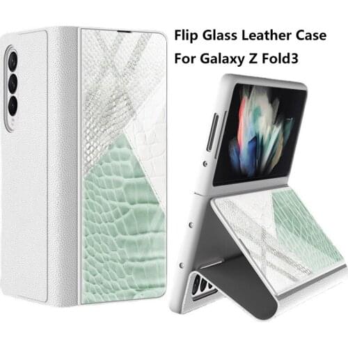 Phone Cover For Samsung Galaxy Z Fold 3 5G Case Plain Leather Glass Fold Stand Luxury New Ultra-thin Shockproof Protective Funda