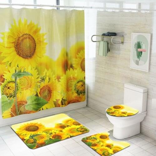 Drop Shipping Flower Bathroom Shower Curtain Set Toilet Cover Bath Mat Set Fabric Shower Curtains Bath Rug Set