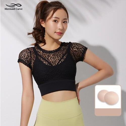Mermaid Curve Mesh Sports Top Women Fake Two-piece Yoga Short SleevesT-shirts Chest Pad Slim Breathable Running Fitness Clothes