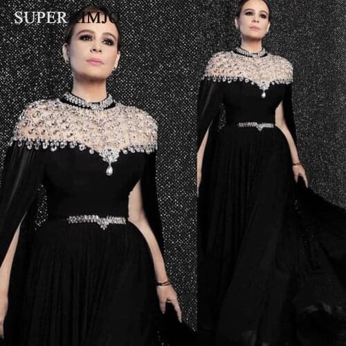 SuperKimJo Dubai Fashion Cape 2020 Crystal Black Elegant Prom Dresses Long Vestidos De Fiesta De Noche Largos Elegantes