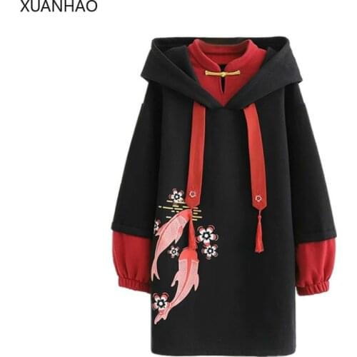 XUANHAO Koi Fish Harakuju Hoody Sweatshirt Floral Printed Long Hoodies Women Cotton Hooded Thick Warm Long Sweatshirts Pullover