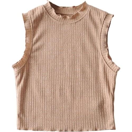 Vintage Spring Sleeveless Round Neck with Wood Ears Womens T-Shirt 4 Colors High Waist Short Belly Button Chic Tops