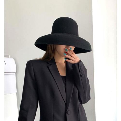 Vintage Hepburn Style Luxury Hat Fedora Hat Winter Warm 100% Wool Catwalk Model Custom Leisure Lady Black Cap Women Outdoor Hat