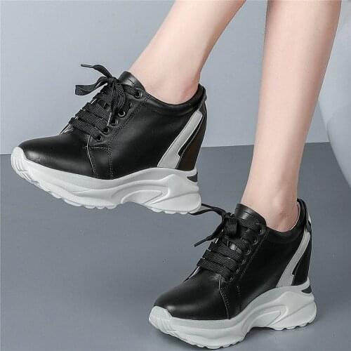 10cm High Heel Creepers Women Genuine Leather Hidden Wedges Ankle Boots Female Lace Up Round Toe Fashion Sneakers Casual Shoes