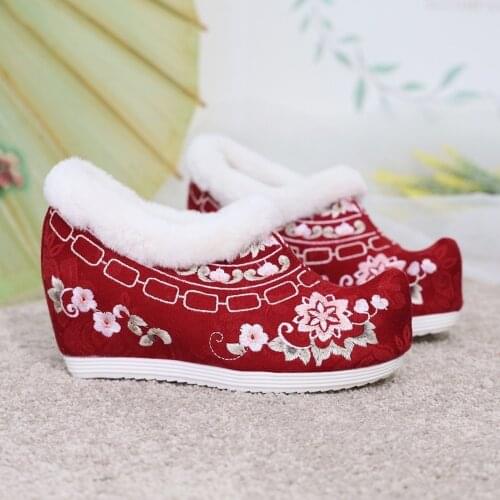 OLOMLB Womens Embroidery Floral Ankle Boots Hanfu Fur Liner Warm Snow Winter Hidden Heel Shoes Chinese Styles 3Colors New 2020