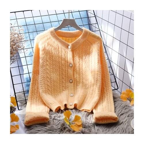 2021 New Autumn And Winter Single Breasted Orange Cardigan Women Short Loose Sweater Korean Elegant Long Sleeve Tops