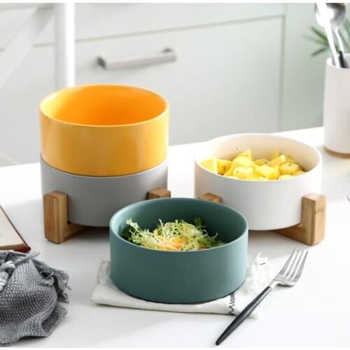 Large Capacity Fruit Salad Bowl Ice Cream Cup Instant Noodle Bowl with Wooden Foot Ceramic Bowl for Party Gift Western Tableware