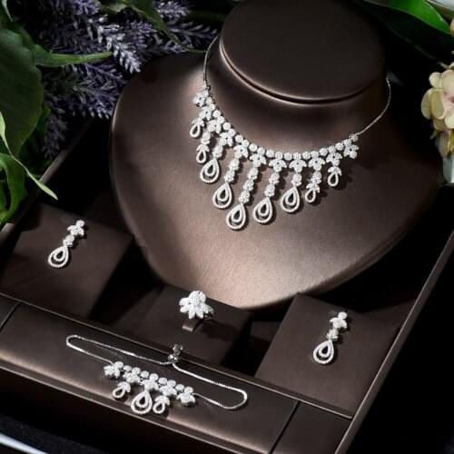 HIBRIDE Long Tassel Dubai Bridal Jewelry Set Luxury Cubic Zirconia 4pcs Earrings Necklace Set For Women Party Accessories N-805
