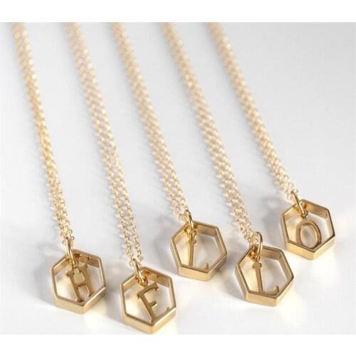 K29I59G Hollow Hexagon Initial Necklace for Women Geometric Monogram Jewelry BFF Gift Vintage Gold Name Letter Alphabet Necklace