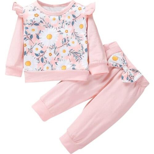 2PCS Baby Newborn Girls Floral Print Outfits Long Sleeve Sweatshirt Princess Bow Long Pants Infant Toddler Girls Sets 12M-4Y