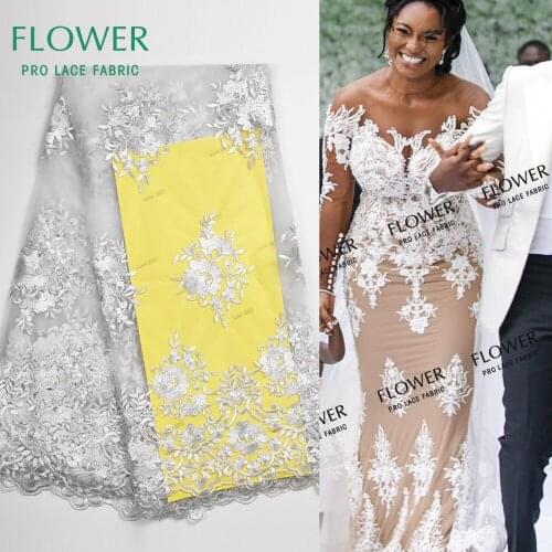 Nigerian White Color Embroidery Lace Wedding Dress Fabrics High Quality Beautiful Embroidered Guipure Tulle Mesh Lace Material