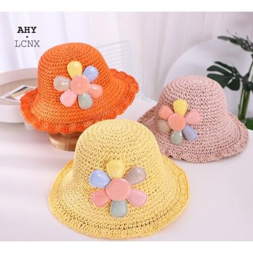 New newborn Cute Spring Summer Baby Kids Girl Mesh Sun Bucket Hats Beach Caps Childrens Girls Flower Straw Hat Fisherman Cap