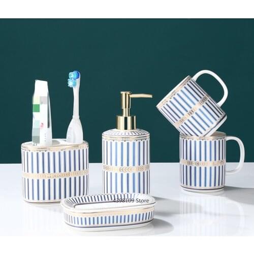 Nordic bathroom supplies / bathroom accessories creative striped ceramic toothbrush holder soap dispenser tray five-piece set