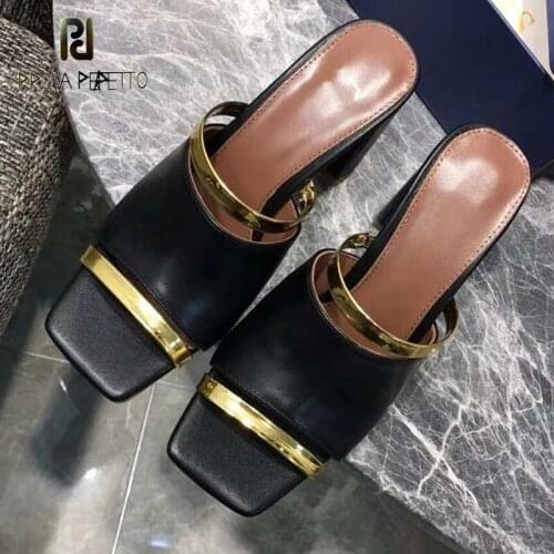Metal strap high-heeled slippers summer square toe open toe leather casual all-match thick-heeled high-heeled sandals slippers