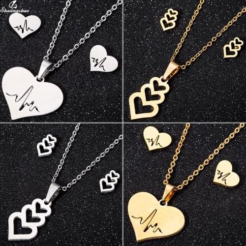 Shuangshuo Tiny Pendant Love Heart Jewelry Sets for Women Girls Ecg Heartbeat Necklace Earrings Mother Girlfriend Fashion Gifts
