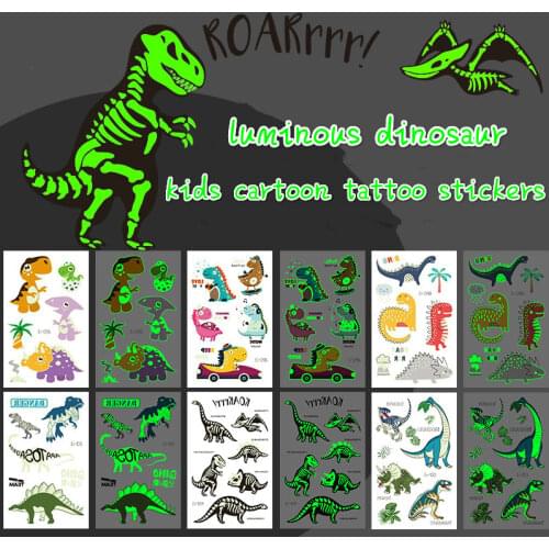 Luminous Dinosaur Kids Tattoo Stickers Cartoon Fun Glowing Stickers Temporary on Face Arm Leg for Child Body Art Decoration New