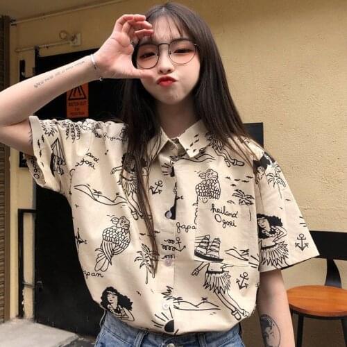 HOUZHOU Vintage Anime Shirt Girls Summer Short Sleeve Kawaii Harajuku Korean Fashion Blouse Women Oversize Button Up Cardigan
