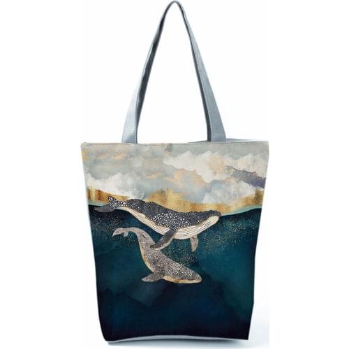 Japanese Ukiyo-e Design Handbags Casual All-Match Womens Bag Whale Printed Shoulder Bag Eco Friendly Tote Friendly Shopping Bag