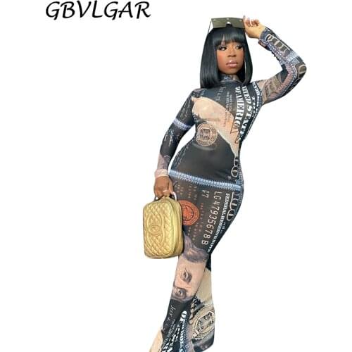 Women Casual Turtleneck Long Sleeve Bodycon Dresses Sheer Mesh US Money Dollar Print Long Dress Vintage See Through Vestidos