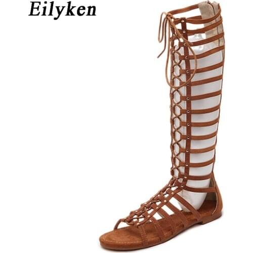 Eilyken Women Sandals Strappy Open toe Knee High Summer Gladiator Flat Sandals Roman Bandage Casual Boots shoes size 35-41