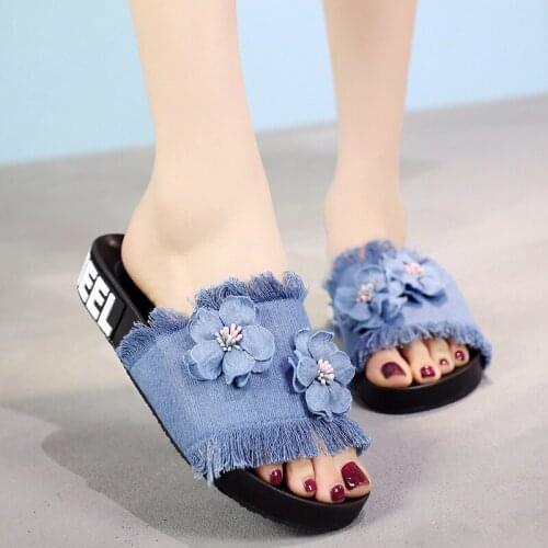2019 New style flowers open toe flat slippers women summer fresh lazy shoes denim tassel floral slides flip flops size 36-41