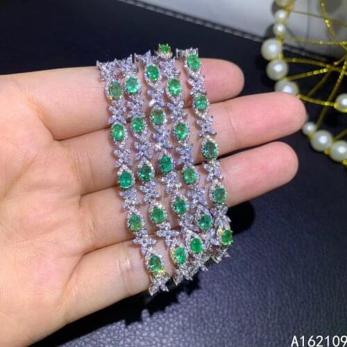 Fine Jewelry 925 Sterling Silver Inset With Natural Gemstones Womens Luxury Exquisite Plant Emerald Hand Bracelet Chain Support