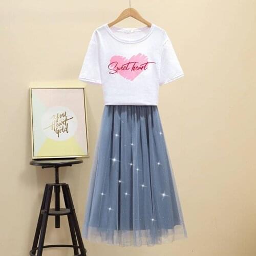 2021 Summer Newfashion Female Letter Love printingBasicT-shirt and Embroidered Mesh half Mid-calf Skirt Fairy Two-piece Suit