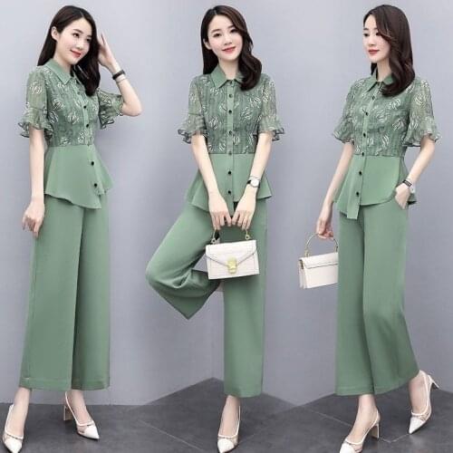 Womens Suit 2021 Summer New Style Slim Fashion Wide Leg Pants Lace Crop Top Two Piece Set Women Blouse Clothing Office Outfits