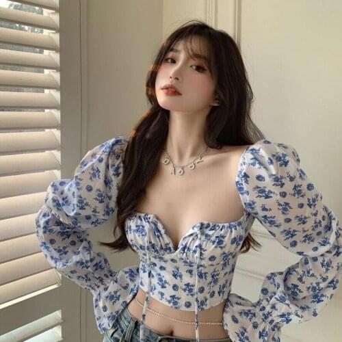 2021 New Floral Top Women White Sweet Square Neck Long Puff Sleeve Ruched Drawstring Crop Top Summer Woman Party Blouse