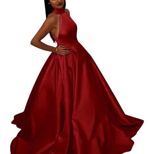 Robe De Soiree Simple Muslim Women A-Line Halter Long Yellow/Dark Red Evening Dress 2020 Satin Prom Formal Gowns