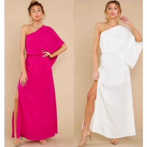 FNOCE 2021 new spring womens dresses fashion trends casual solid one-shoulder loose slim personality split elegant maxi dress