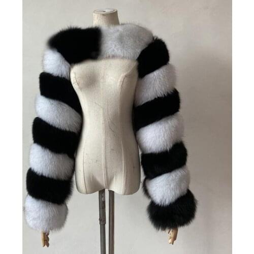 Women Real Fox Fur Argyle Sleeves Winter New Fashion Natural Fur Coat Two Sleeves Black and white squares